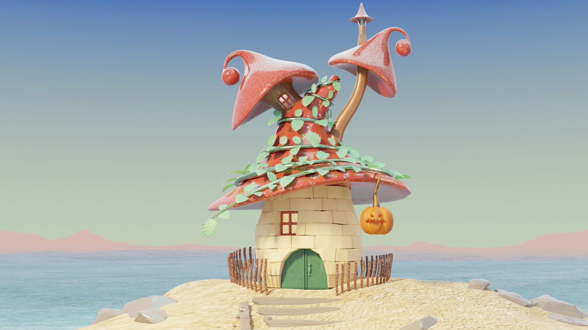 Fantasie Pilzhaus auf einer Insel