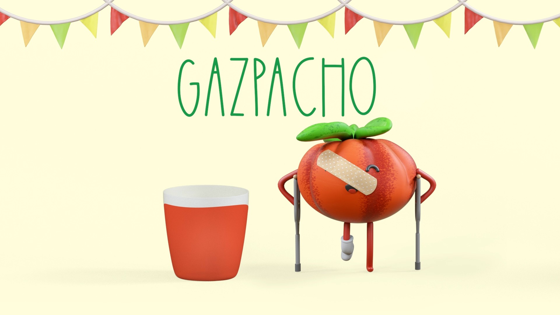 verletzte Tomate nehmen einem gefüllten Glas mit Gazpacho Suppe