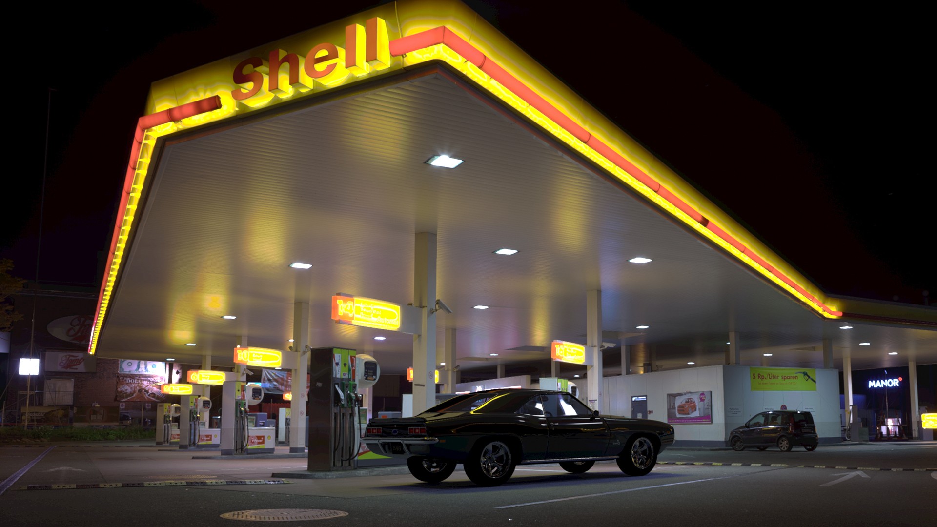 Shell Tankstelle mit 3D Auto kombiniert